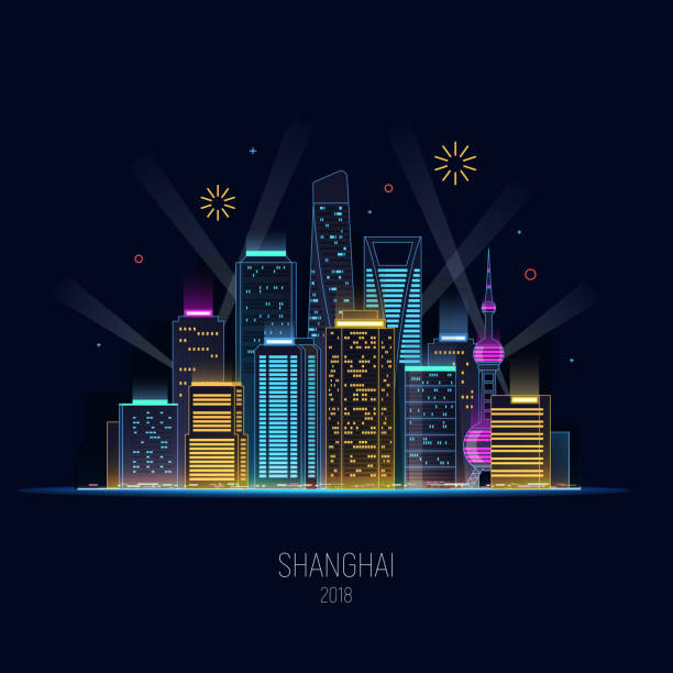 nacht-shanghai in neon glanz. lichter der großstadt. wolkenkratzer und feuerwerk. konzept-design-urlaub-hintergrund. - shanghai stock-grafiken, -clipart, -cartoons und -symbole