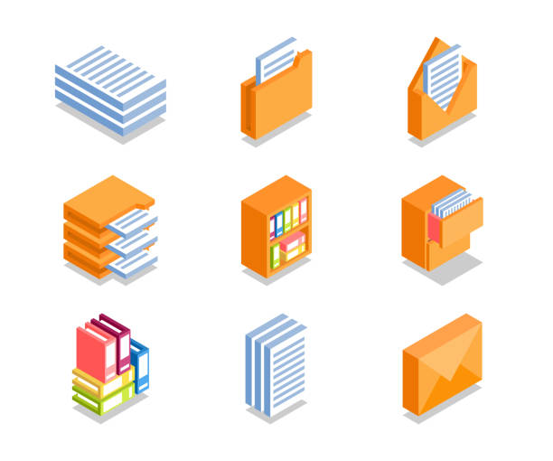 Simple Set of Business Icons. Simple Set of Business Icons in flat isometric 3D style. Contains such Icons as Folder with documents, Securities, Envelope and more. organized bookshelf stock illustrations