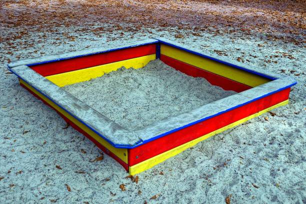istock A colored wooden sandbox with gray sand on the playground 856545242