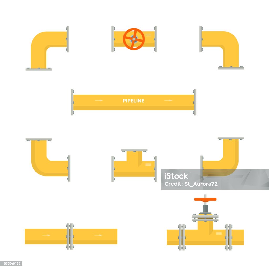 Kit set di condotte. Elementi gialli isolati della tubazione. Industria del gas e del petrolio. - arte vettoriale royalty-free di Oleodotto