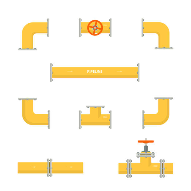 Kit set of pipelines. Isolated yellow elements of the pipeline. Gas and oil industry. Kit set of pipelines. Isolated yellow elements of the pipeline. Gas and oil industry. Vector illustration in flat style. pipeline stock illustrations