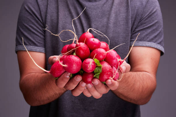 istock A guy in a dark T-shirt keeps a fresh radish. 856553082