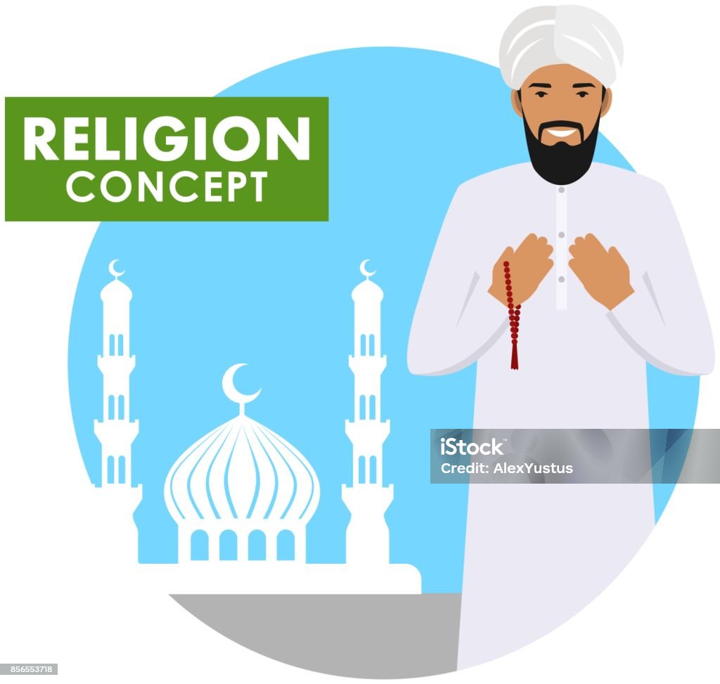 Prayer time. Religion concept. Muslim person with beads in hands pray standing on the background silhouette of mosque and minarets. Arabic man pray. Vector illustration. Islamic man with beads in hands pray. Muslim person standing on the background silhouette of mosque and minarets. Vector illustration. Adult stock vector