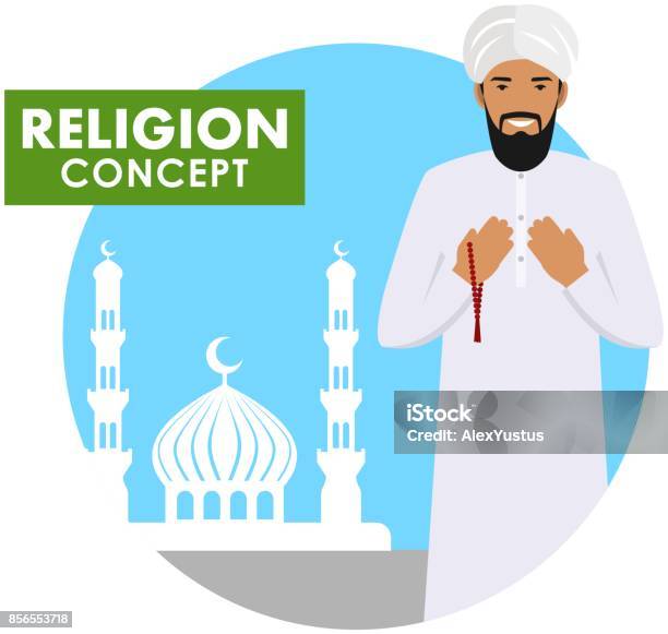 Prayer Time Religion Concept Muslim Person With Beads In Hands Pray Standing On The Background Silhouette Of Mosque And Minarets Arabic Man Pray Vector Illustration Stock Illustration - Download Image Now