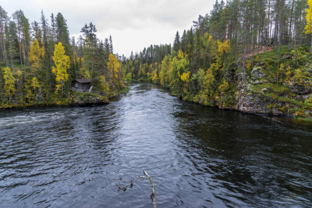 Cliff, stone wall, forest, waterfall and wild river view in autumn. Fall colors - ruska time in Myllykoski. One part of Karhunkierros Trail. Oulanka National Park in north Finland. Lapland, Europe