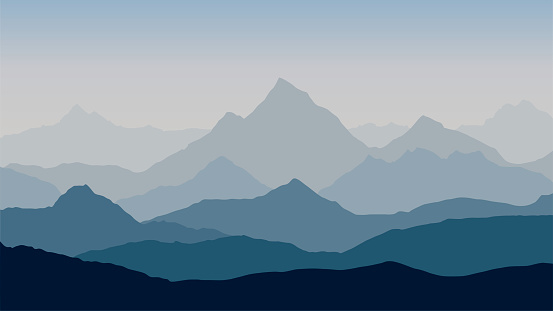 panoramic view of the mountain landscape with fog in the valley below with the alpenglow blue-grey sky and rising sun - vector