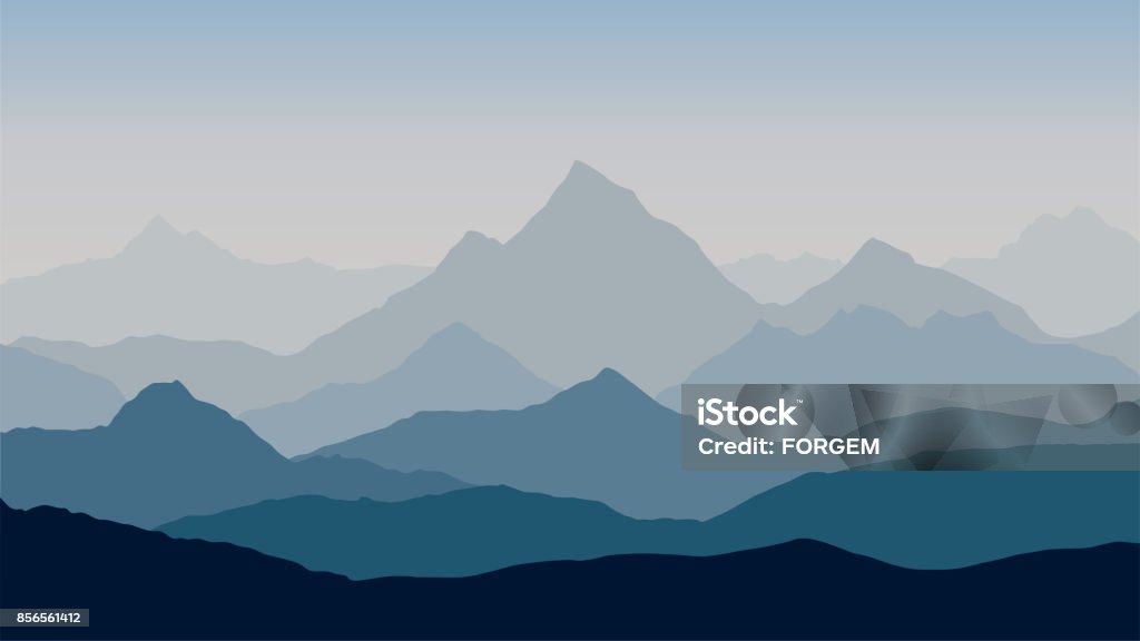 panoramic view of the mountain landscape with fog in the valley below with the alpenglow blue-grey sky and rising sun - vector Mountain stock vector