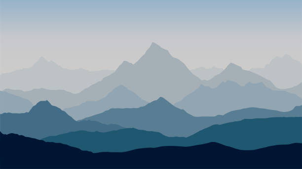 panoramic view of the mountain landscape with fog in the valley below with the alpenglow blue-grey sky and rising sun - vector panoramic view of the mountain landscape with fog in the valley below with the alpenglow blue-grey sky and rising sun - vector mountain layers stock illustrations