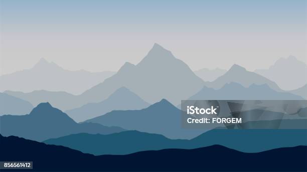 Panoramic View Of The Mountain Landscape With Fog In The Valley Below With The Alpenglow Bluegrey Sky And Rising Sun Vector Stock Illustration - Download Image Now
