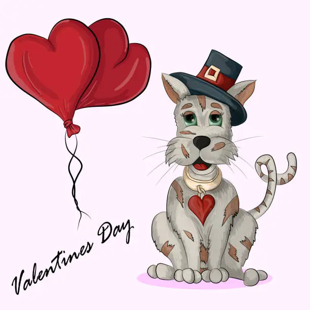 Vector illustration of the cat sits next to two hearts from balloons