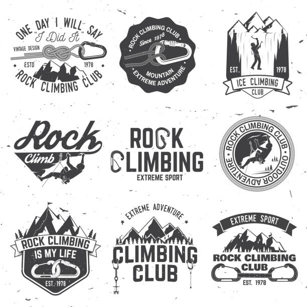 Vintage typography design with climber, carabiner and mountains Set of Rock Climbing club badges. Vector illustration. Concept for shirt or print, stamp or tee. Vintage typography design with climber, carabiner and mountains. Extreme adventure. carabiner stock illustrations