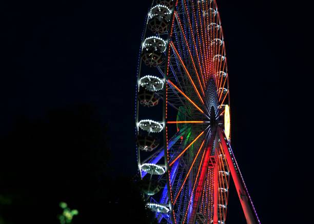 istock Neon lights in the adventure park. Big wheel. 856578514