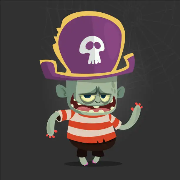 Vector illustration of Vector illustration of Cartoon Pirate zombie. Halloween zombie mascot in pirate bicorne hat with skull emblem. Isolated