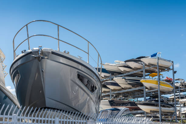 Yacht storage Yacht and boat warehouse in Miami Beach. dry dock stock pictures, royalty-free photos & images