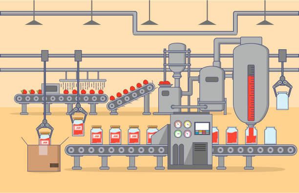 zautomatyzowany sklep na produkcję dżemu truskawkowego. przenośnik taśmowy przetwarzania jagód do gotowania dżemu jego wylewanie na szklane słoiki i ich pakowania. - food processing plant illustrations stock illustrations