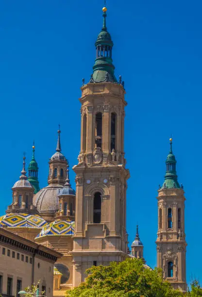 The Cathedral-Basilica of Our Lady of the Pillar, Zaragoza (Saragossa) the capital city of the Zaragoza province and of the autonomous community of Aragon, Spain. It lies by the Ebro river and its tributaries, the Huerva and the Gállego, roughly in the center of both Aragon and the Ebro basin.