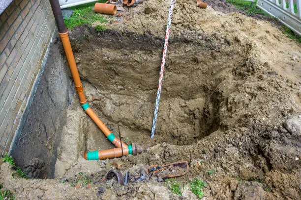 Construction site for the connection of a rainwater pipe with a measuring rod
