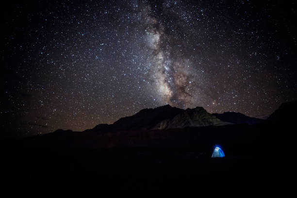 istock Milky way star shining above illuminated tents 856603564