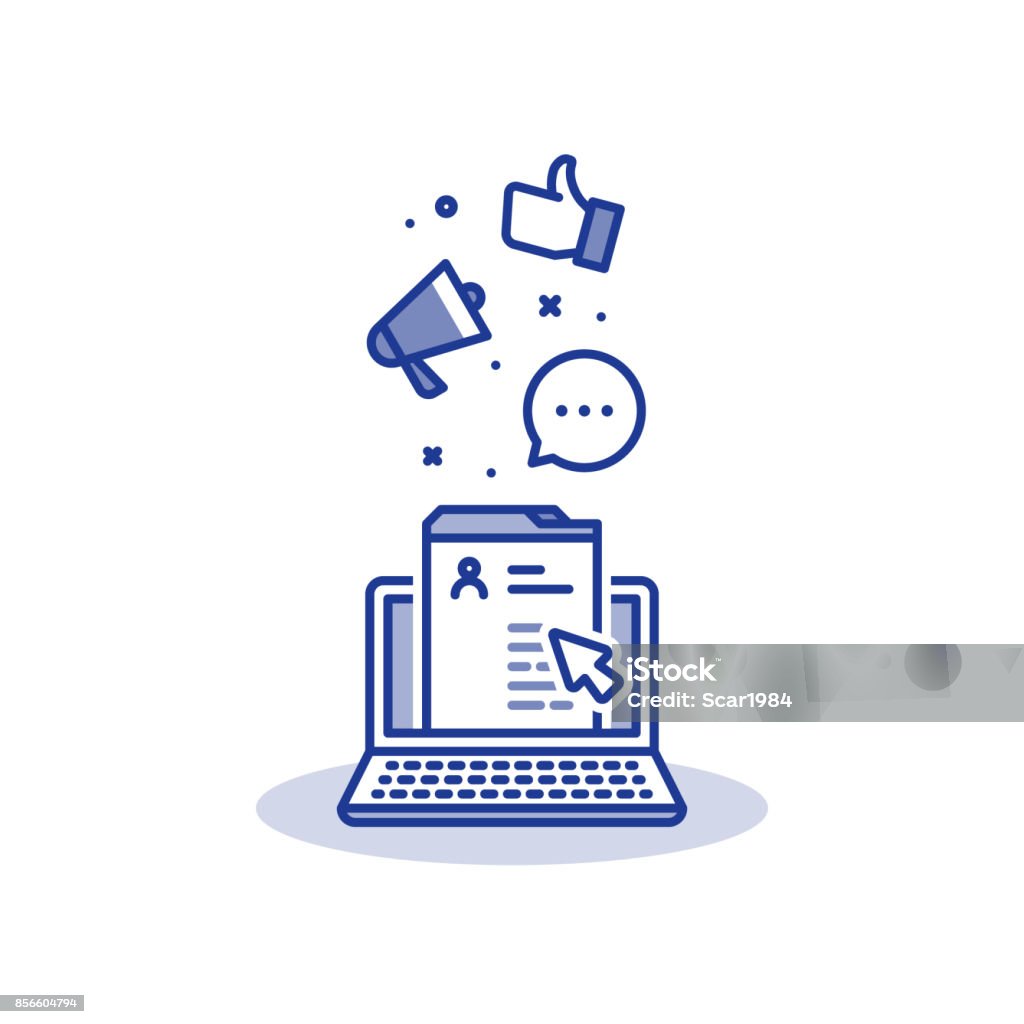 Social media marketing and promotion, website development, online profile page, laptop line icon Social network concept, web page and laptop, thumbs up and megaphone, social media marketing, content management, personal profile, online communication, public relations, site development vector icon Social Media stock vector