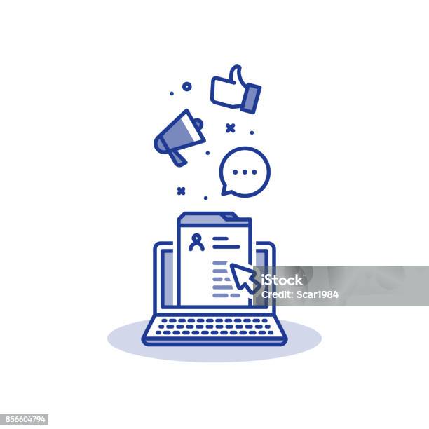 Social Media Marketing And Promotion Website Development Online Profile Page Laptop Line Icon Stock Illustration - Download Image Now