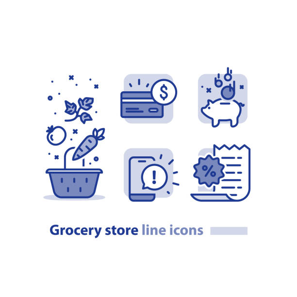 Food shopping, grocery basket, vegetables line icon, reward loyalty program, earn points every purchase Grocery store line icons, basket and vegetables, earn reward points, loyalty program, cash back card, bonus coupon, phone message notifications, shopping vector illustration high fidelity stock illustrations