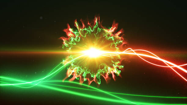 istock Red and green light streak breaks out on a black background with smoke and light particles and explode in space when interacting with each other 3d illustration 856610896