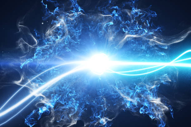 istock Two blue light streak breaks out on a black background with smoke and light particles and explode in space when interacting with each other 3d illustration 856610988