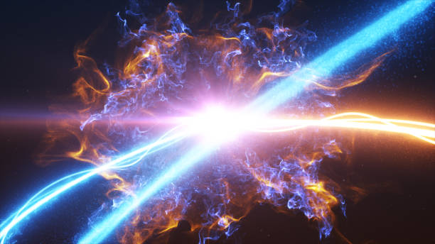 istock Cold and hot light streak breaks out on a black background with smoke and light particles and explode in space when interacting with each other 3d illustration 856611036