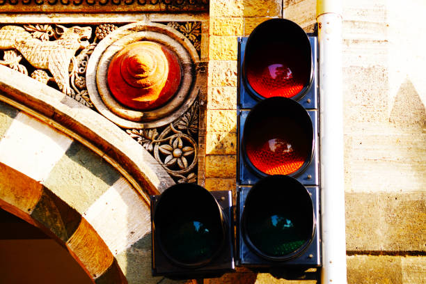 istock New trafficlight and old arc in Indo-Saracenic architecture style on the background 856615090