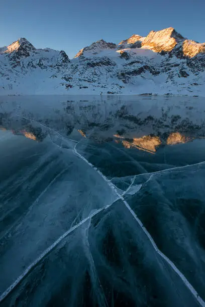 Frozen surface of White Lake, Berninapass, Switzerland.