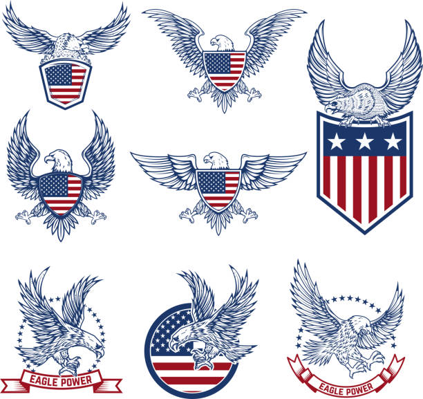 ilustraciones, imágenes clip art, dibujos animados e iconos de stock de conjunto de emblemas con águilas y banderas estadounidenses. - eagles
