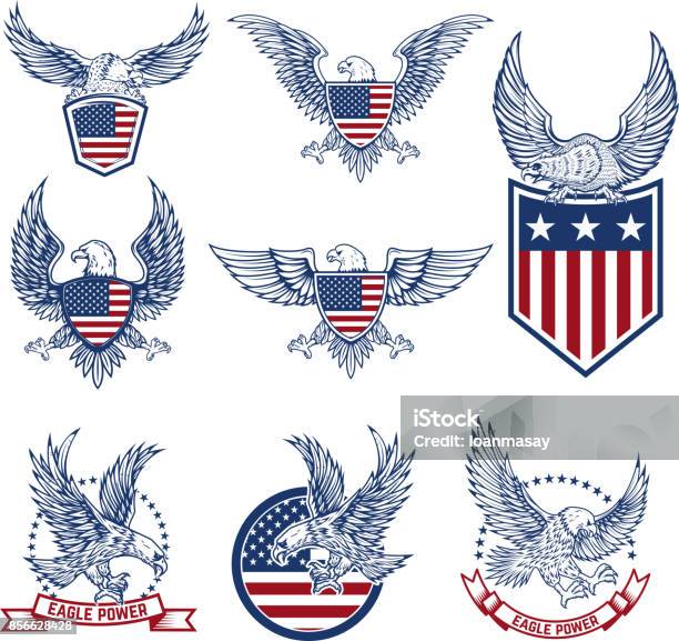 Набор Эмблем С Орлами И Американскими Флагами — стоковая векторная графика и другие изображения на тему Орёл - Орёл, США, Патриотизм