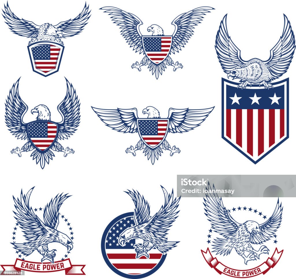 Set of emblems with eagles and american flags. Set of emblems with eagles and american flags. Design elements for label, emblem, sign. Vector illustration Eagle - Bird stock vector