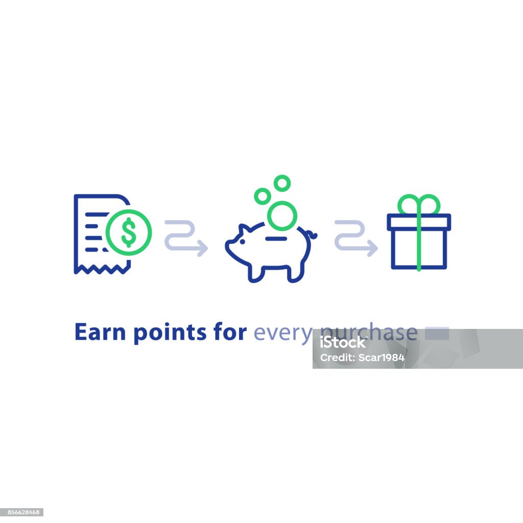 Loyalty program concept, earn points, win gift, shopping incentive, line icons Earn points for purchase concept, loyalty program, cash back, marketing and promotion, reward gift, get bonus, vector line icons Icon Symbol stock vector