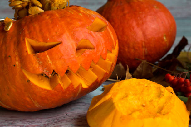 istock Gets a spoonful of pumpkin seeds from Jack's lantern (pumpkins for Halloween) 856631628