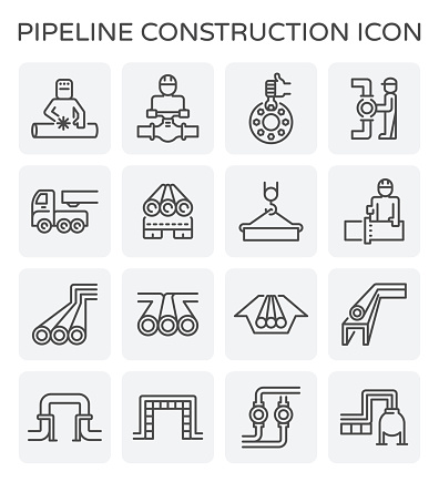 Vector line icon of pipeline construction industry isolated on white background.