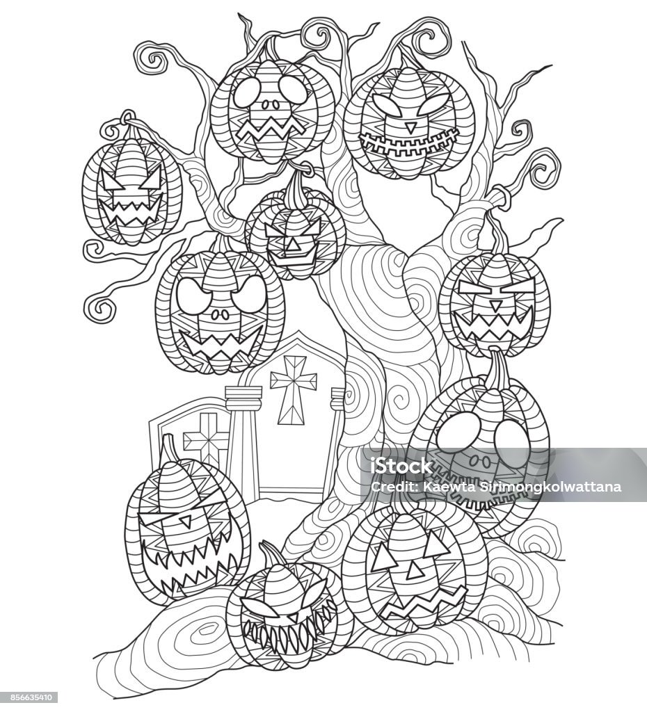 Hand drawn halloween pumpkin on the dead tree for adult coloring page. Black and white line art vector illustration was made in eps 10. Can be used for adult coloring book. Halloween stock vector