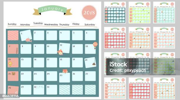 Colorful Cute Monthly Calendar 2018 With Squirrelduckreindeerhippopotamusgiraffecatlion And Bearcan Be Used For Webbannerposterlabel And Printable Stock Illustration - Download Image Now