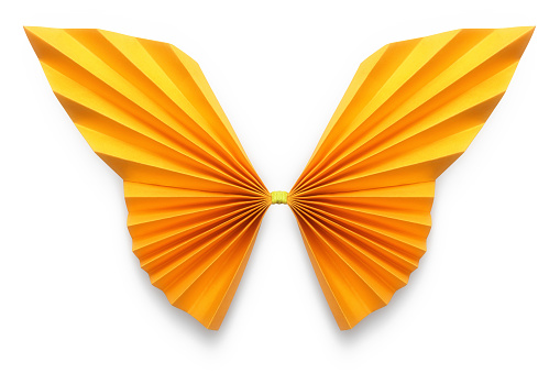 Orange butterfly of origami on white background, included Clipping Path