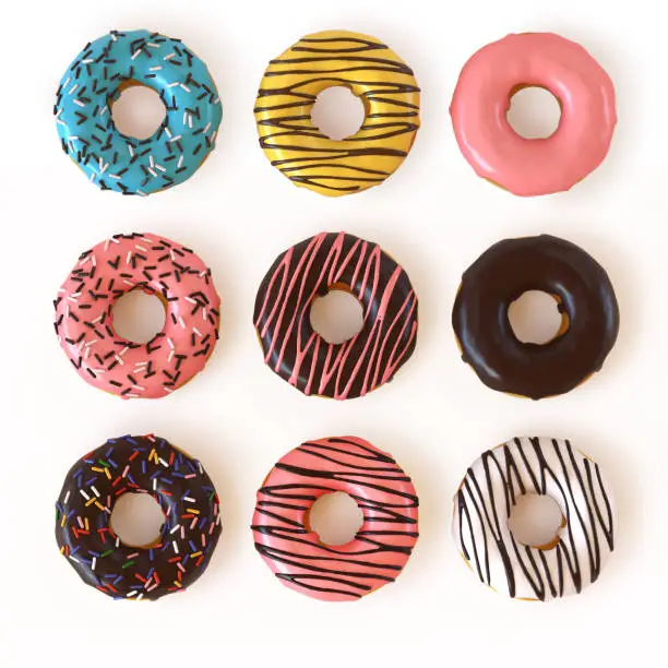 Photo of Glazed donuts or doughnuts set - various colors and tastes 3d rendering