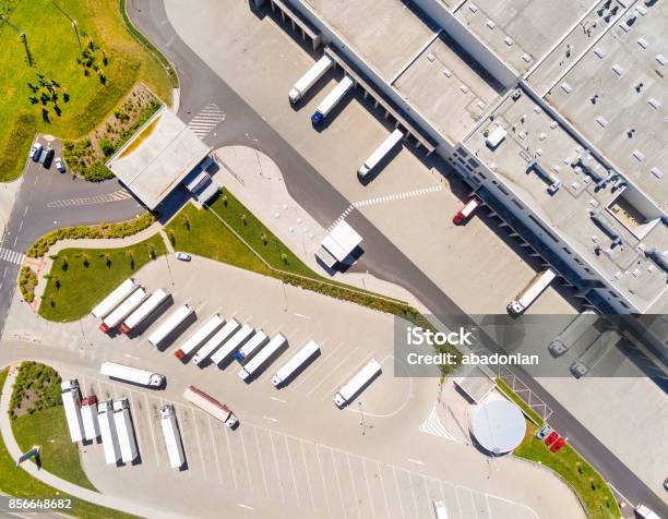 Aerial View Of Warehouse With Trucks Stock Photo - Download Image Now - Aerial View, Truck, City