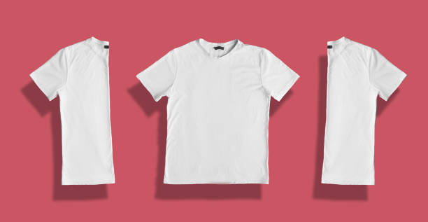 istock White t-shirt with blank space for your promotional text or advertisment. Textile, design, clothing, template and fashion concept. Front side and back view. Clothes isolated over pink background 856653048