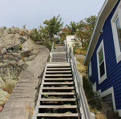 Wooden staircase leading up to a trail on Signal Hill, St. John's, Newfoundland and Labrador, Canada.