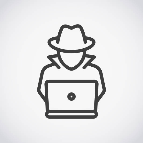 ilustrações de stock, clip art, desenhos animados e ícones de spy agent searching on laptop. hacker - thief stealing identity computer