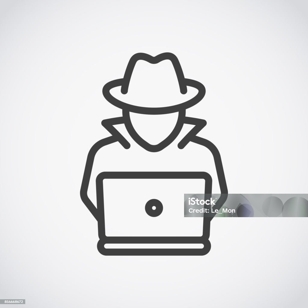 Spy agent searching on laptop. Hacker Icon Symbol stock vector