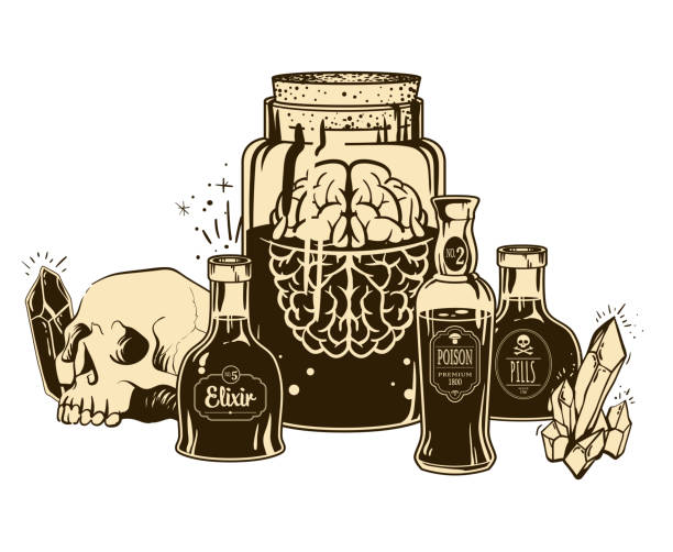 illustrazioni stock, clip art, cartoni animati e icone di tendenza di set di bottiglie per stregoneria - jar old fashioned bottle glass