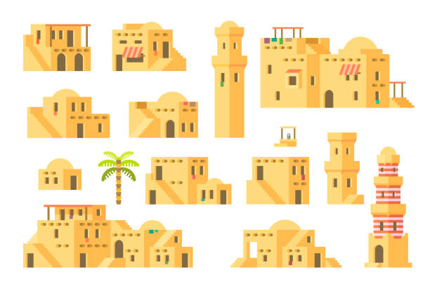 ilustraciones, imágenes clip art, dibujos animados e iconos de stock de casas de barro árabe de diseño plano - town of egypt