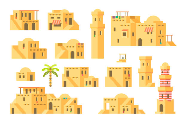 Flat design arab mud houses Flat design arab mud houses illustration vector old indian stock illustrations