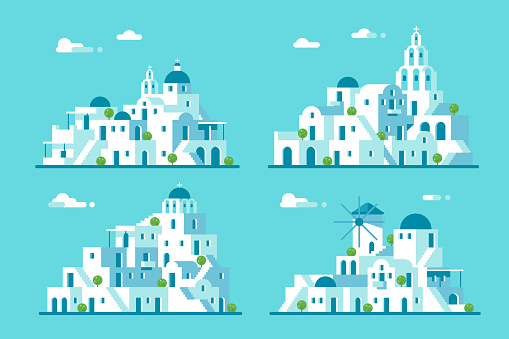 Flat design Santorini village set