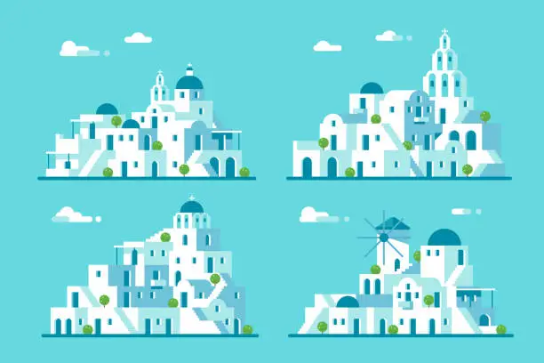 Vector illustration of Flat design Santorini village set